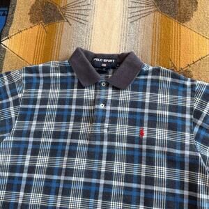 Vintage 90s Polo Sport Ralph Lauren Polo Shirt Size Large Plaid Made In USA Blue